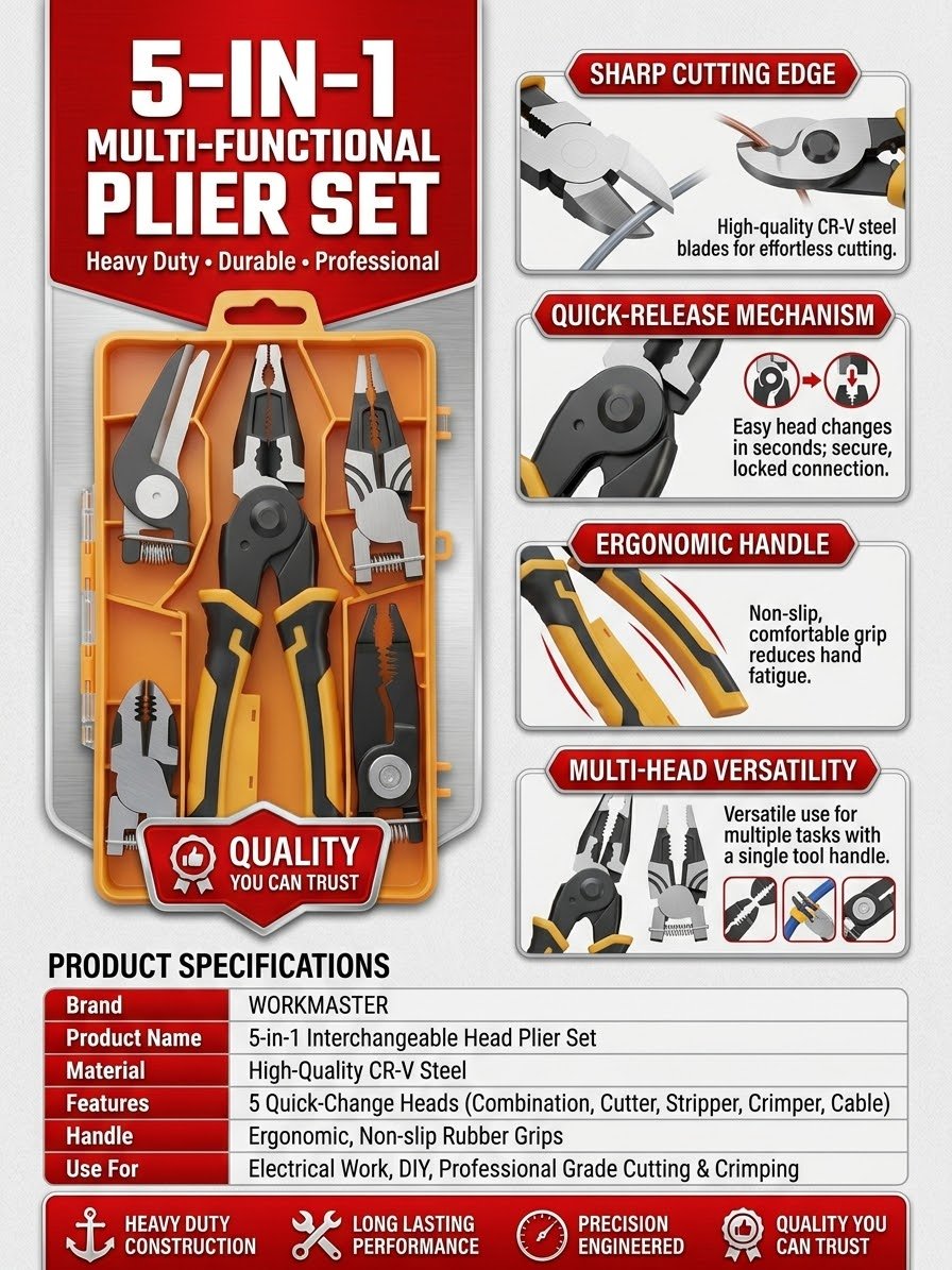 WORKMASTER 5-in-1 Interchangeable Head Plier Set - Heavy Duty CR-V Steel