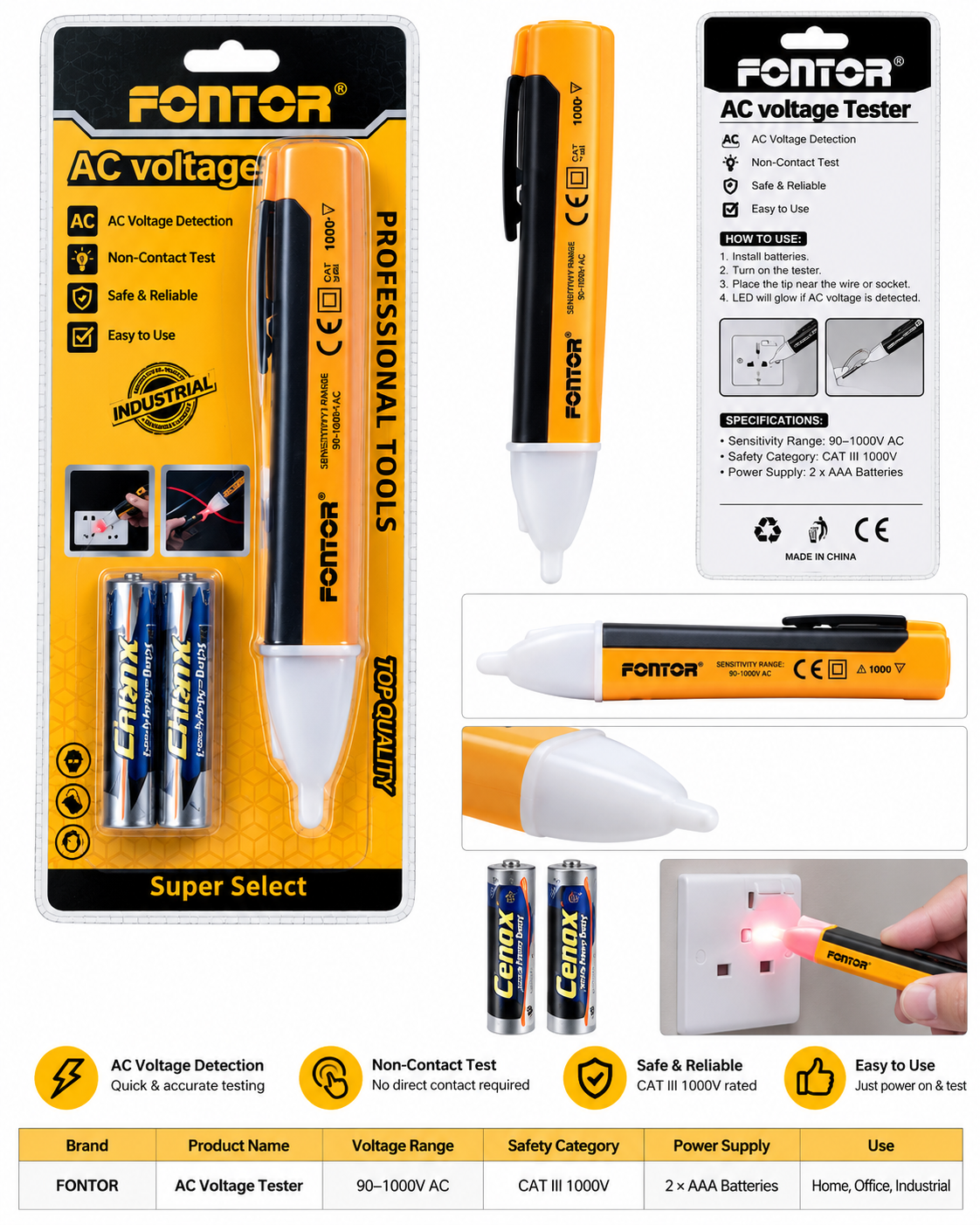 FONTOR Non-Contact AC Voltage Tester Pen 90-1000V