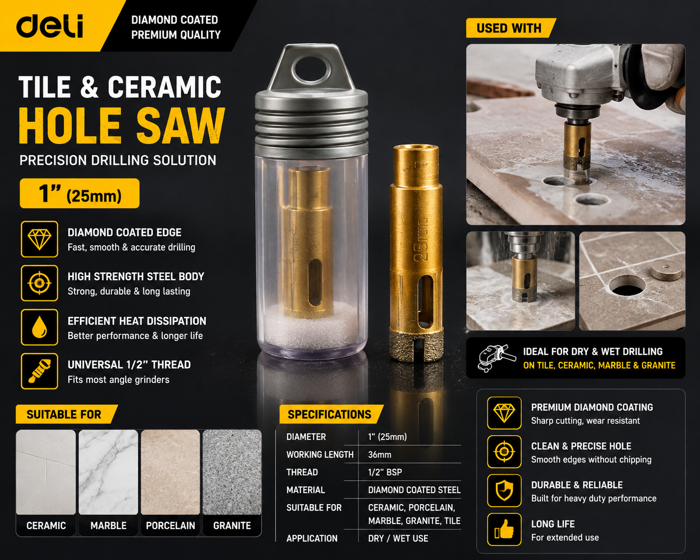 1" 25mm Diamond Coated Tile & Ceramic Hole Saw