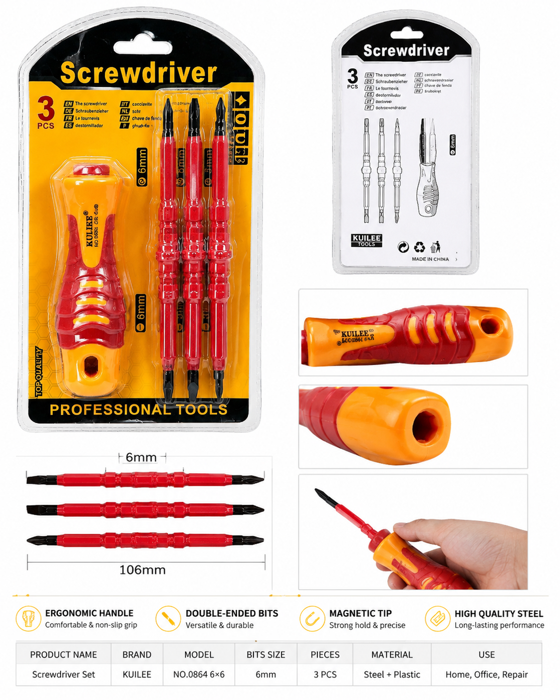 KUILEE 3PCS Professional Screwdriver Set - Double Ended 6mm