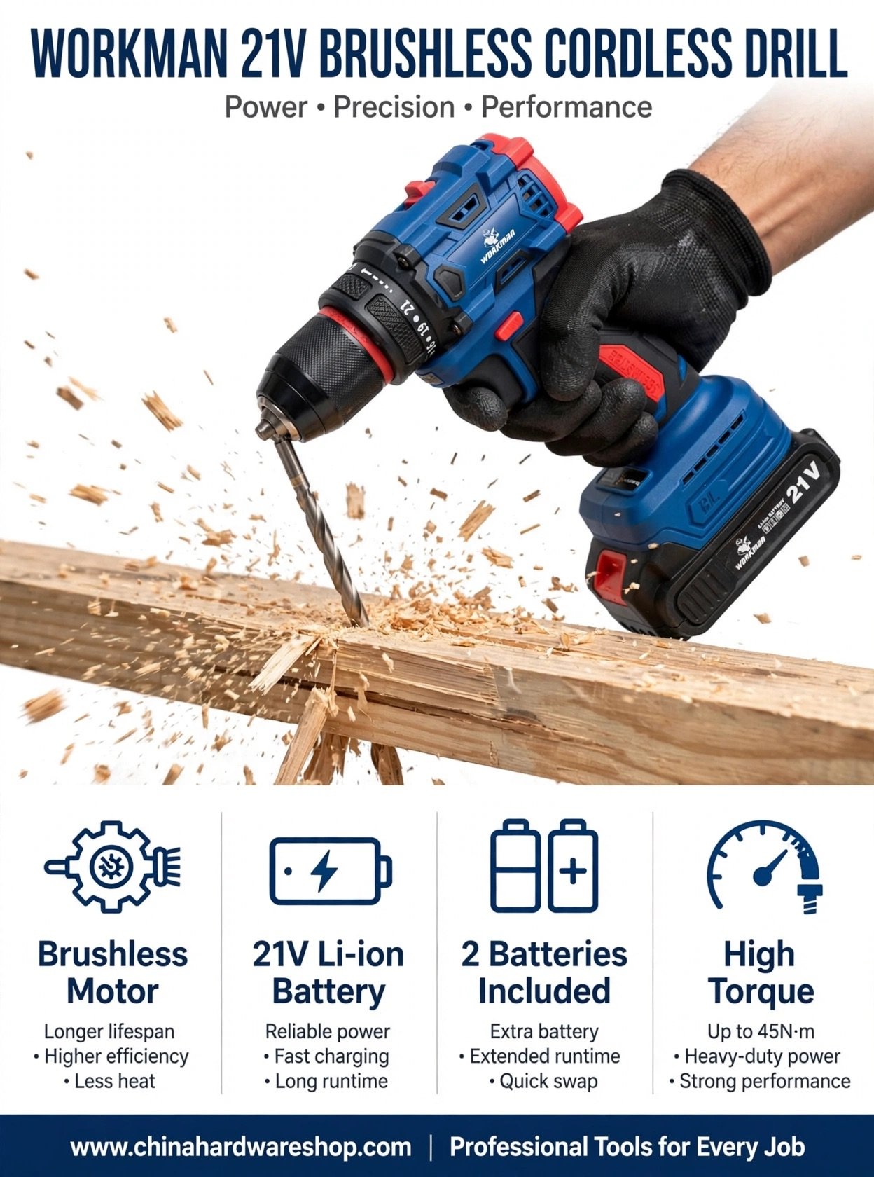 WORKMAN 21V Brushless Cordless Drill - 2 Batteries