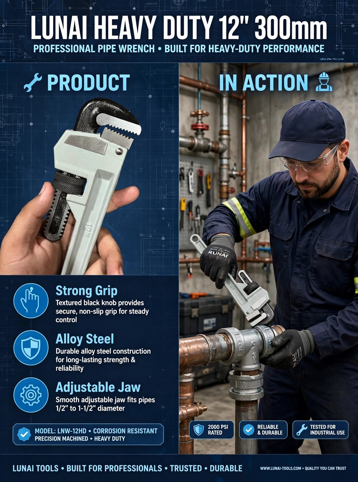 LUNAI Heavy Duty 12" 300mm Pipe Wrench - Professional