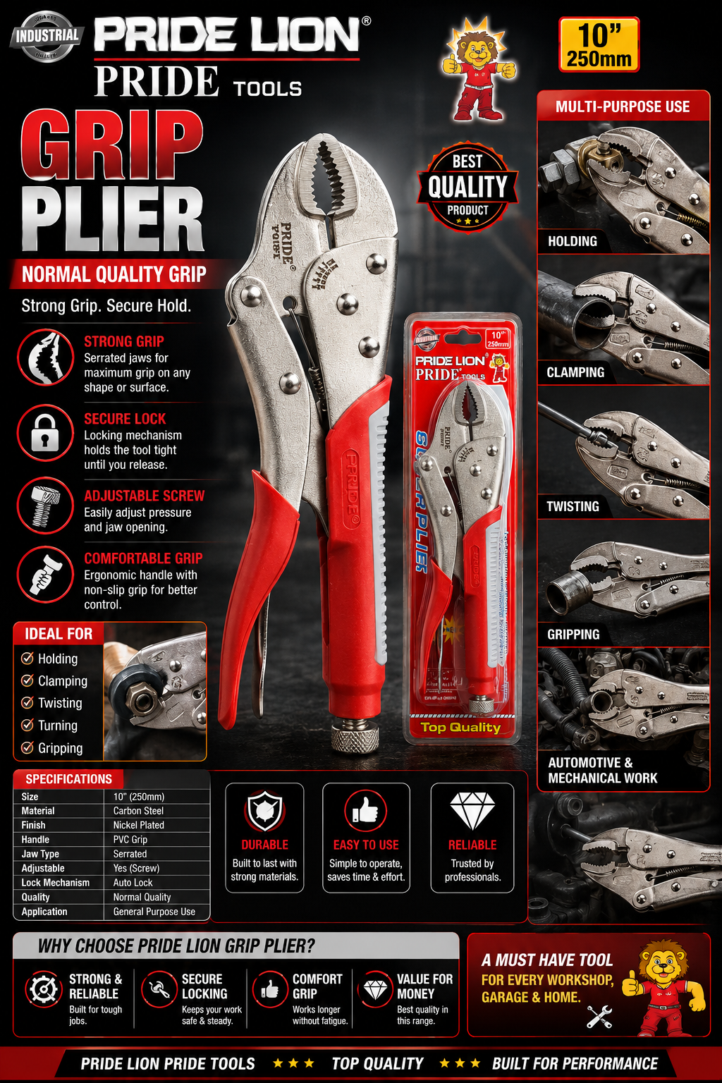 PRIDE LION 10 Inch Grip Plier
