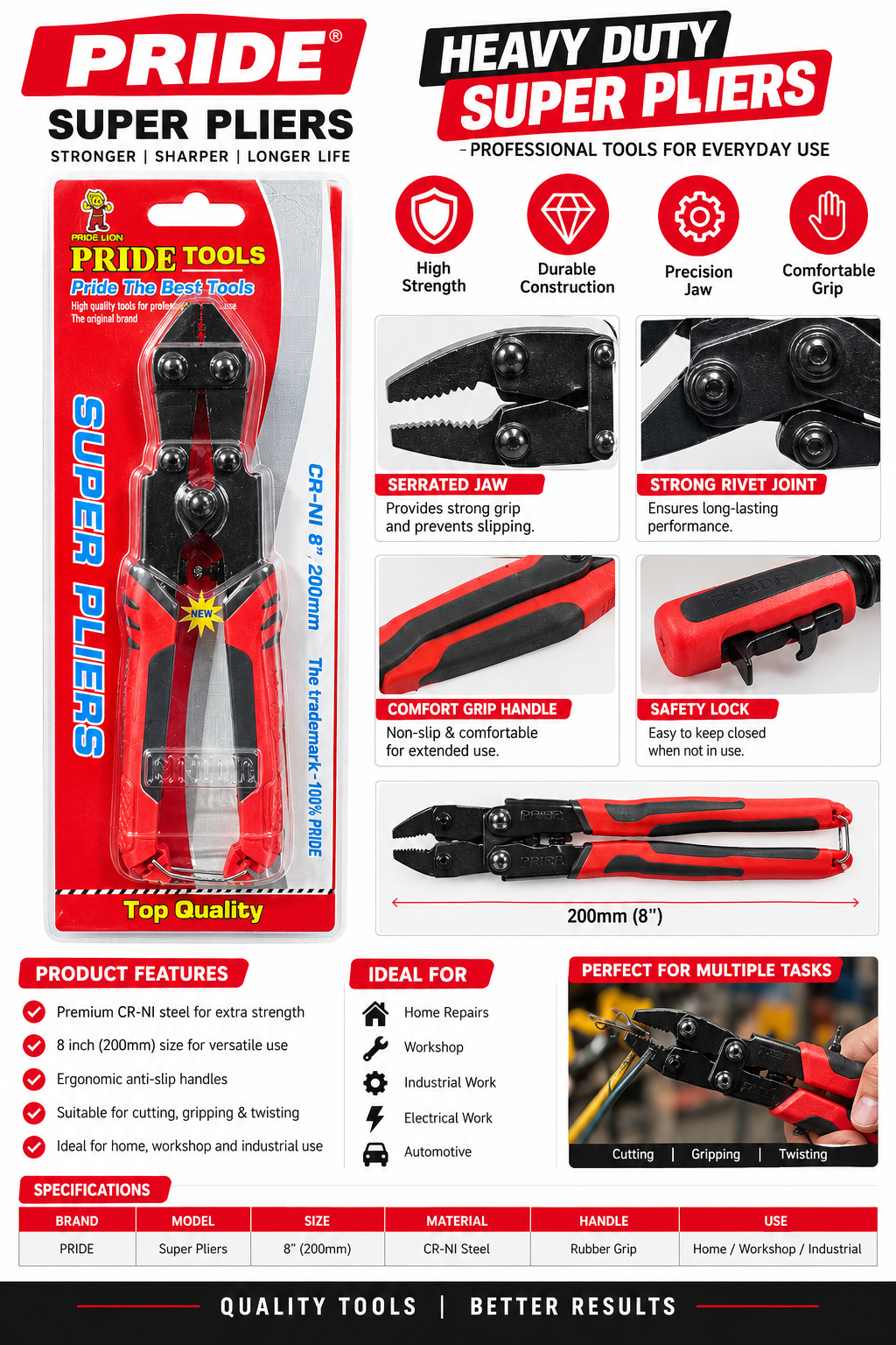 HIDE LION Pride Tools Super Pliers 8" 200mm - Heavy Duty CR-NI