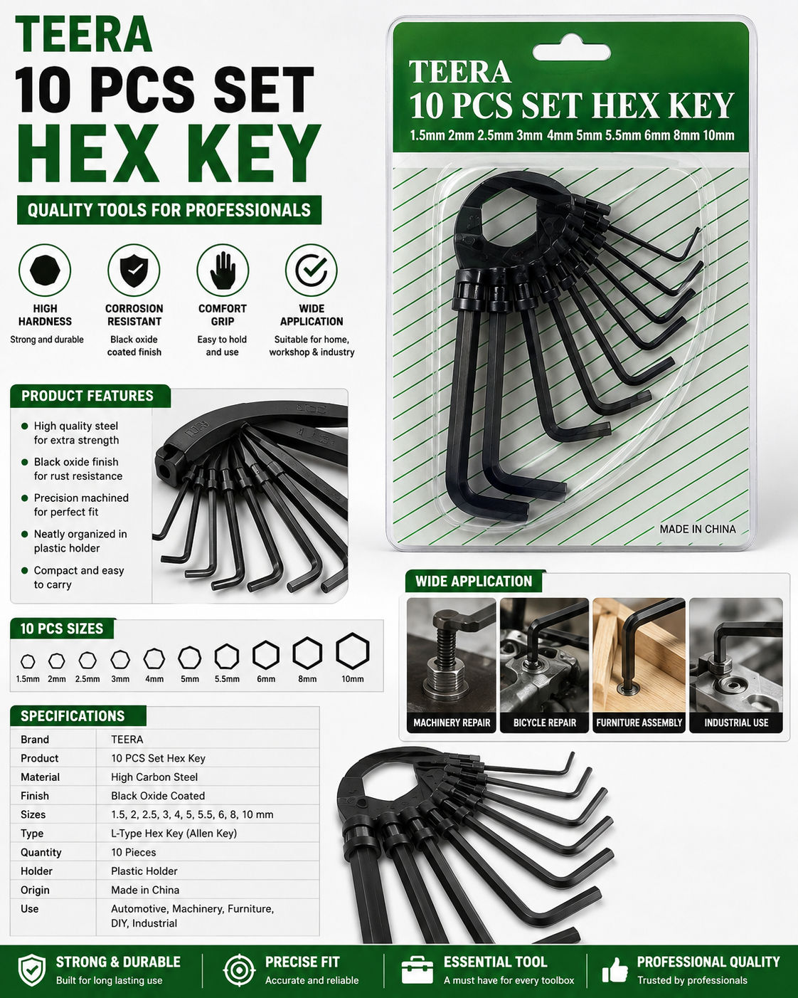 TEERA 10PCS Hex Key Set - Metric L-Shaped Allen Keys 1.5mm-10mm Black Oxide