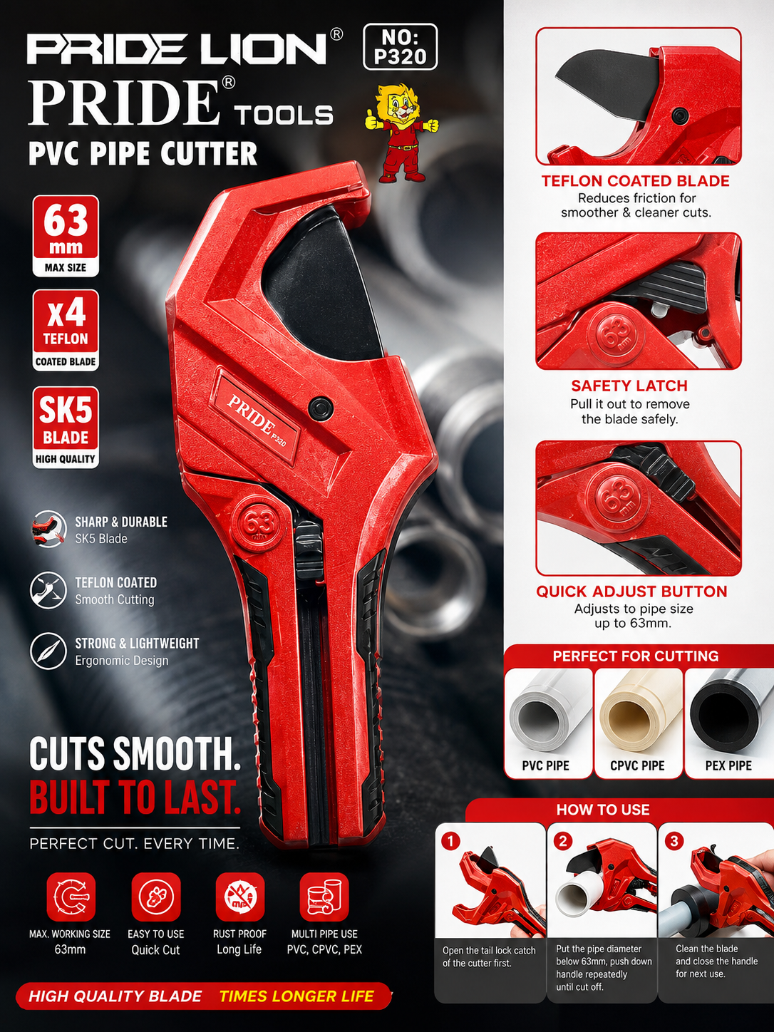PRIDE LION P320 PVC Pipe Cutter 63mm - SK5 Teflon Blade