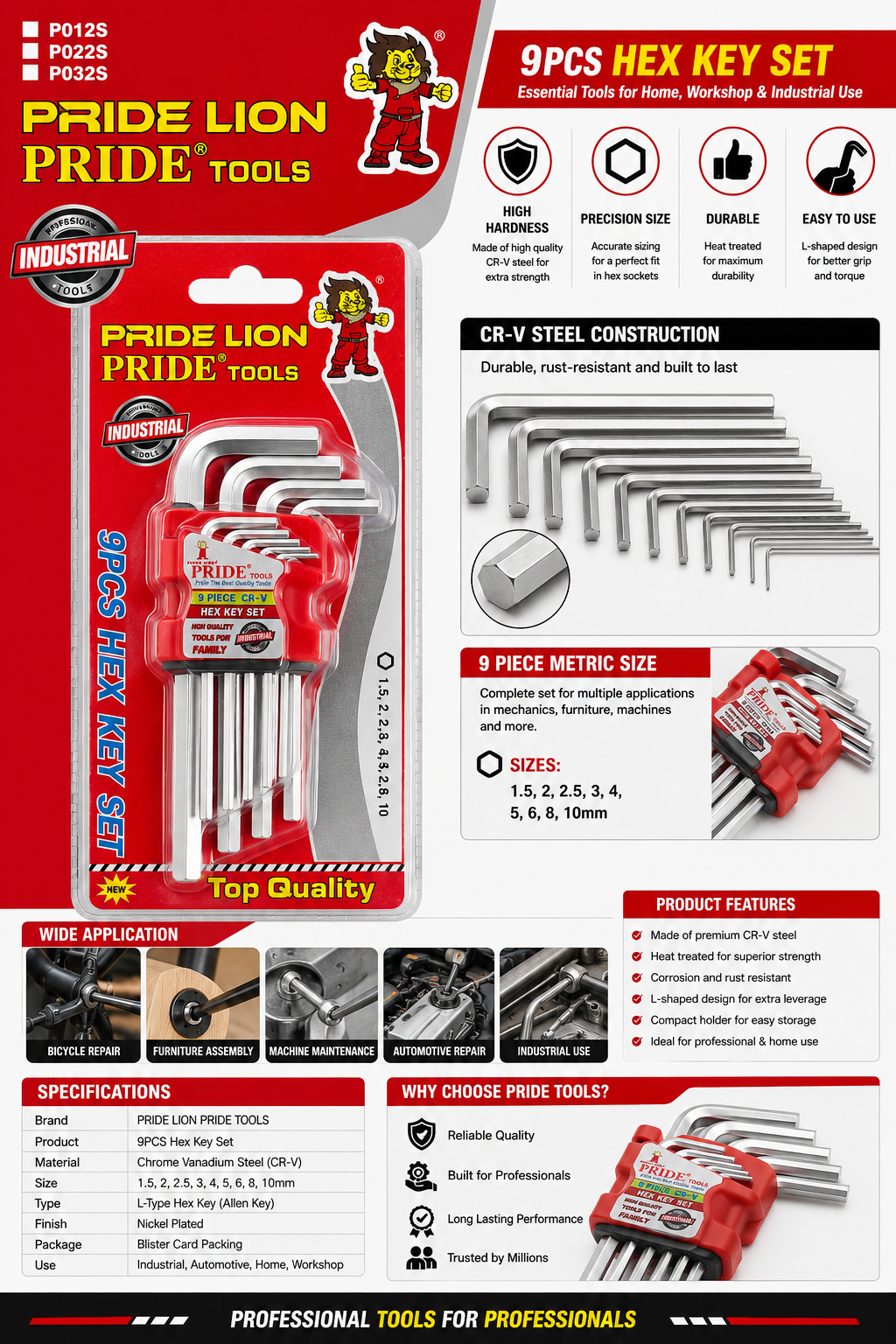 PRIDE LION 9PCS Hex Key Set - Metric L-Shaped Allen Keys 1.5mm-10mm CR-V Steel