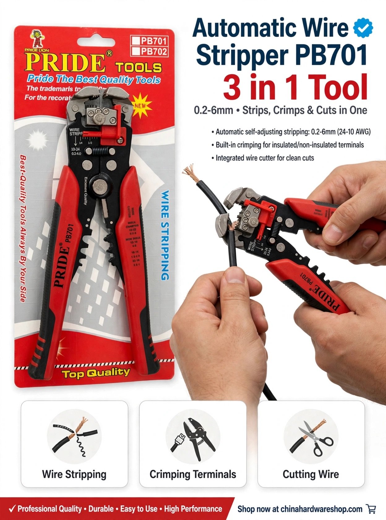 PRIDE Automatic Wire Stripper PB701 - 3 in 1 Tool